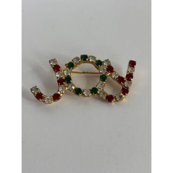 Christmas Pin Brooch Joy Rhinestone Vintage Red Green Holidays Festive Jewelry - Picture 3 of 10